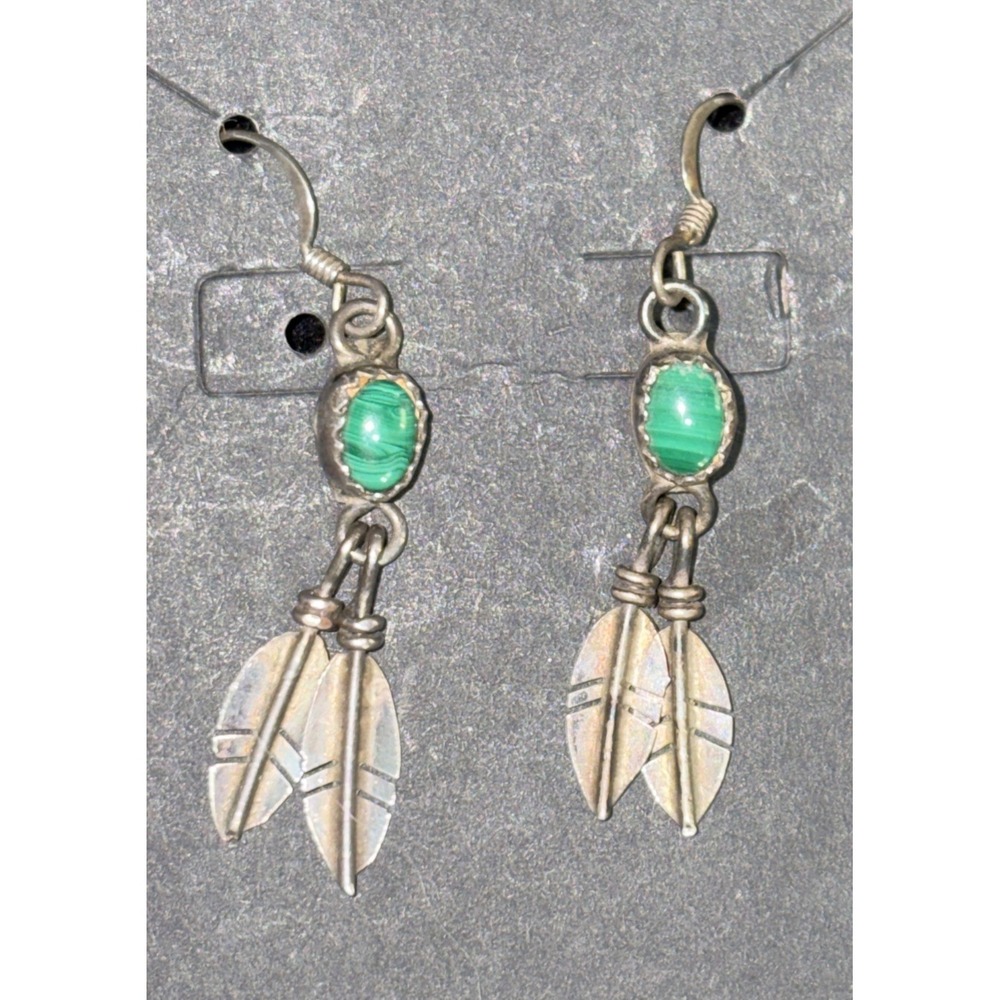 VTG Green Malachite Double Feather 925 Sterling Silver Earrings Southwest Boho